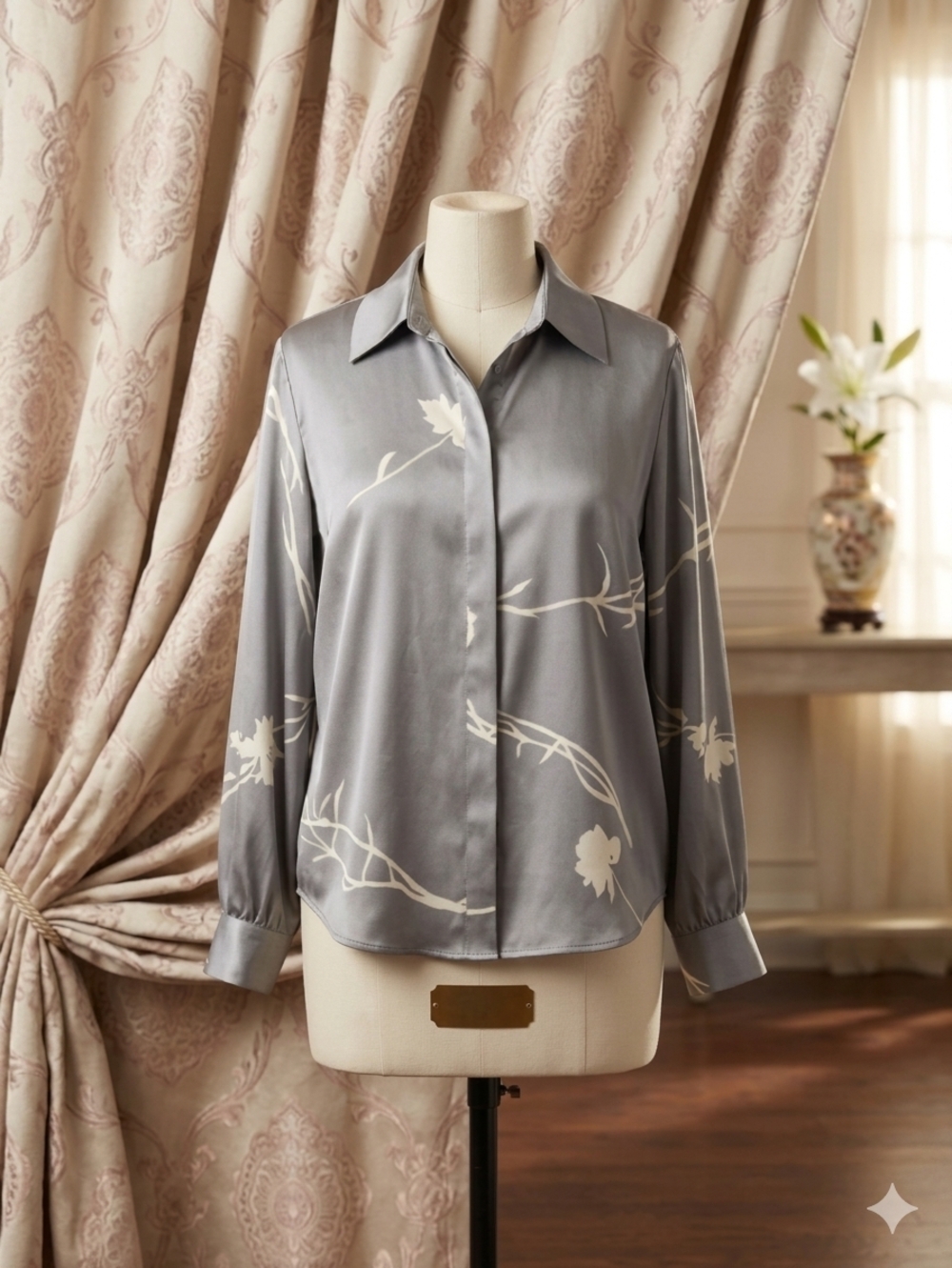 Women's Gray Satin Floral Button-Down Shirt